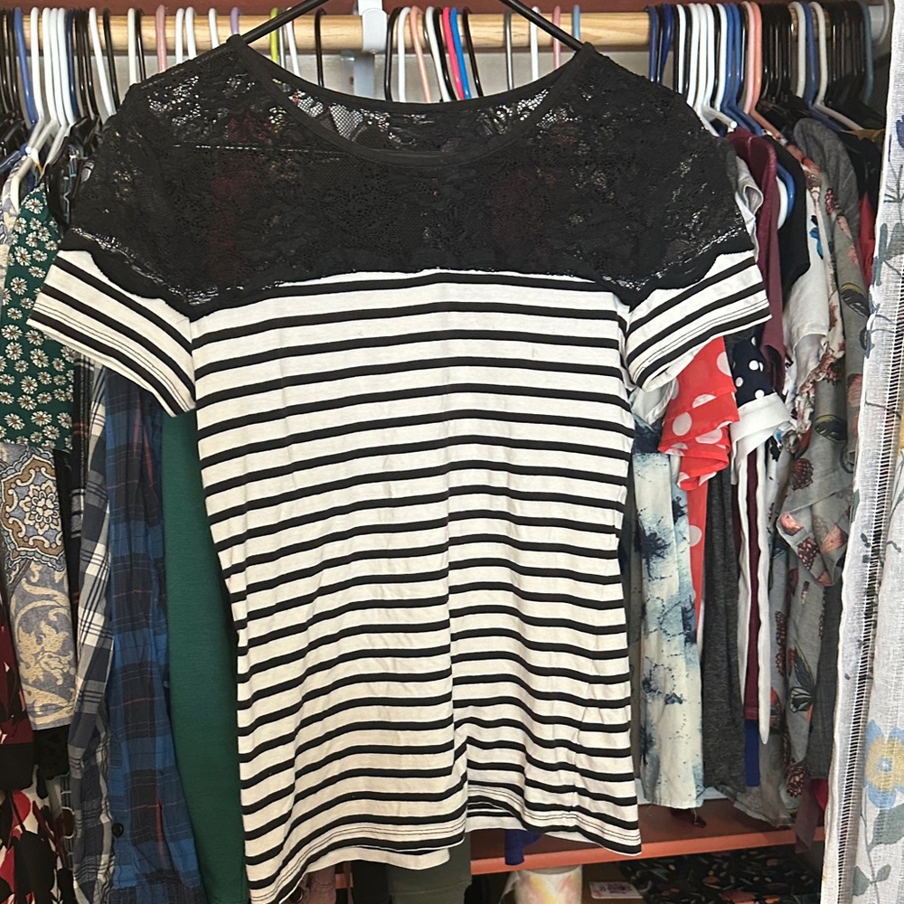 Striped Black & White Lace Yoke Women's Top